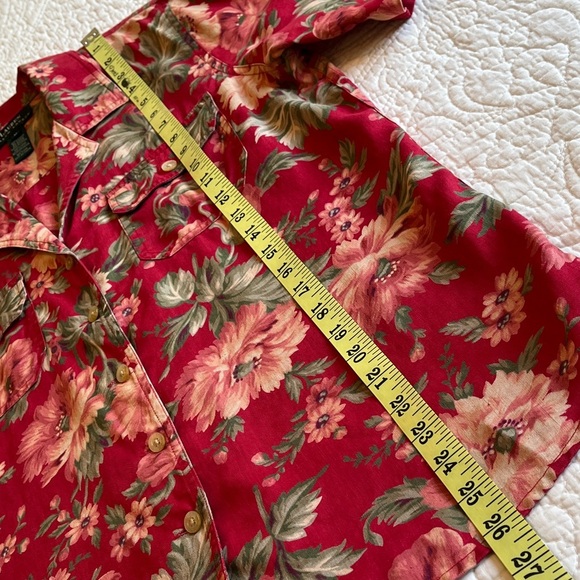 LRL Linen Floral Button Down Camp Shirt Women’s Medium Cottagecore Red Green - Picture 15 of 16